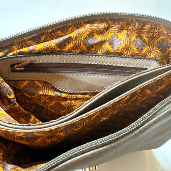 ALYSSA Double Compartment Flap Crossbody Bag Taupe Faux Leather Gold Hardware - Picture 6 of 12